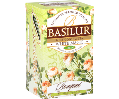 Przód pudełka herbaty Basilur White Magic Milk Oolong Tea Green z eleganckim logo i wzorem róż.