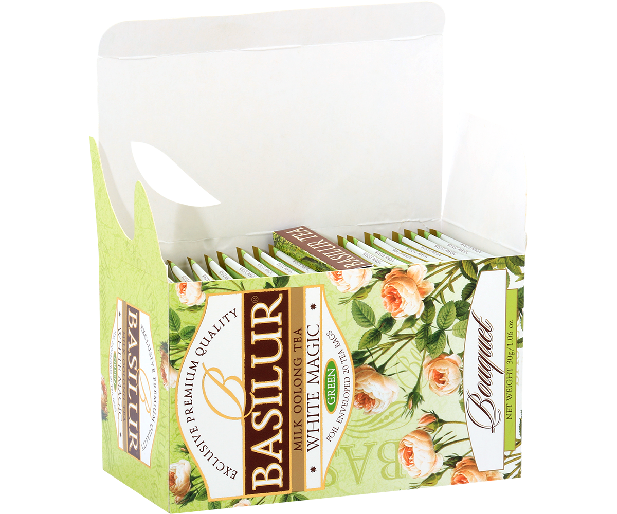 Otwarte pudełko Basilur White Magic ukazujące foliowane saszetki herbaty oolong.