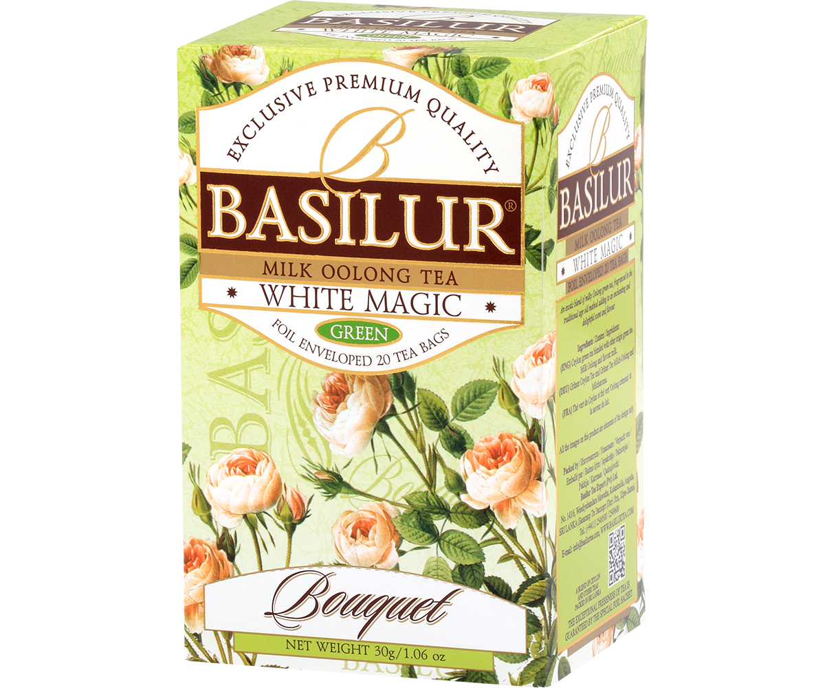 Opakowanie herbaty Basilur White Magic z serii Bouquet w odcieniach zieleni z kwiatowym motywem.