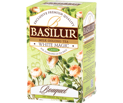 Opakowanie herbaty Basilur White Magic z serii Bouquet w odcieniach zieleni z kwiatowym motywem.