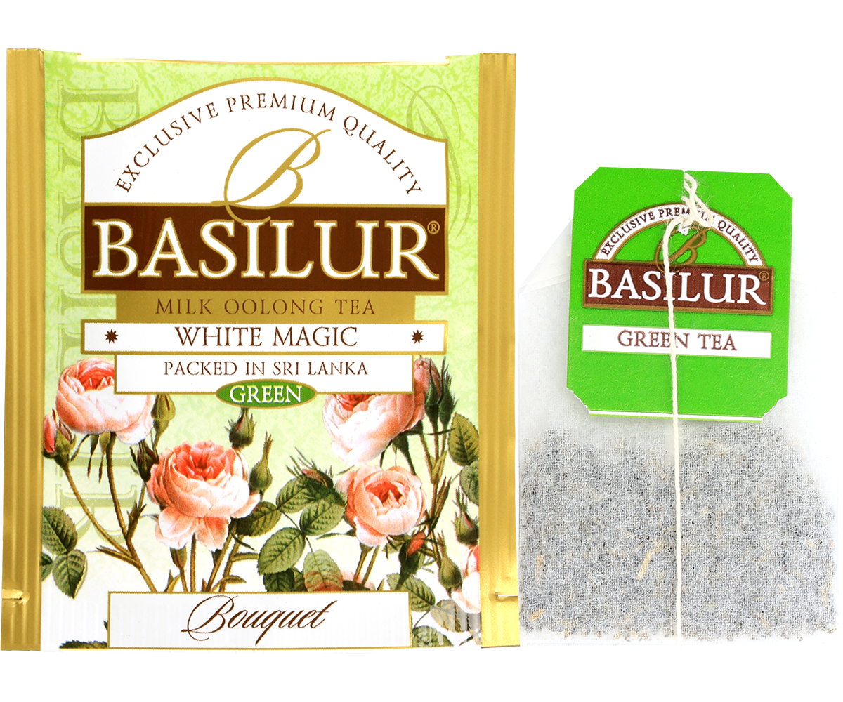Saszetka herbaty Basilur White Magic oraz torebka z listkami oolong – herbata zielona o mlecznym aromacie.