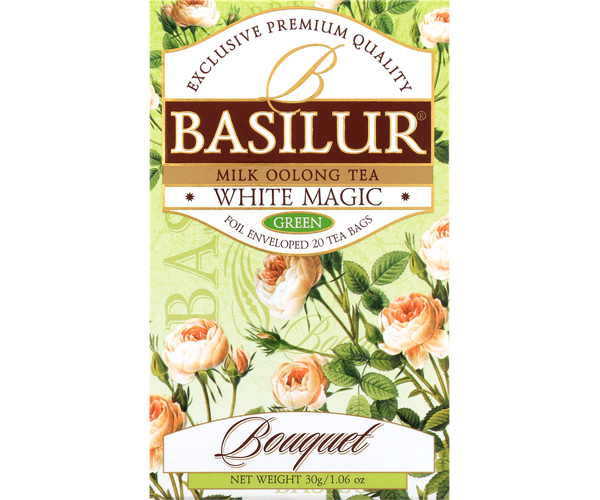 Herbata Basilur White Magic z serii Bouquet – eleganckie, kwiatowe opakowanie premium.
