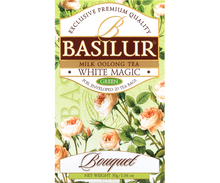Herbata Basilur White Magic z serii Bouquet – eleganckie, kwiatowe opakowanie premium.