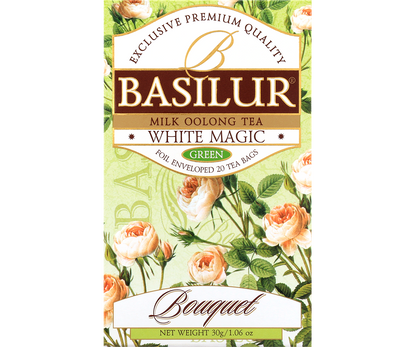 Herbata Basilur White Magic z serii Bouquet – eleganckie, kwiatowe opakowanie premium.