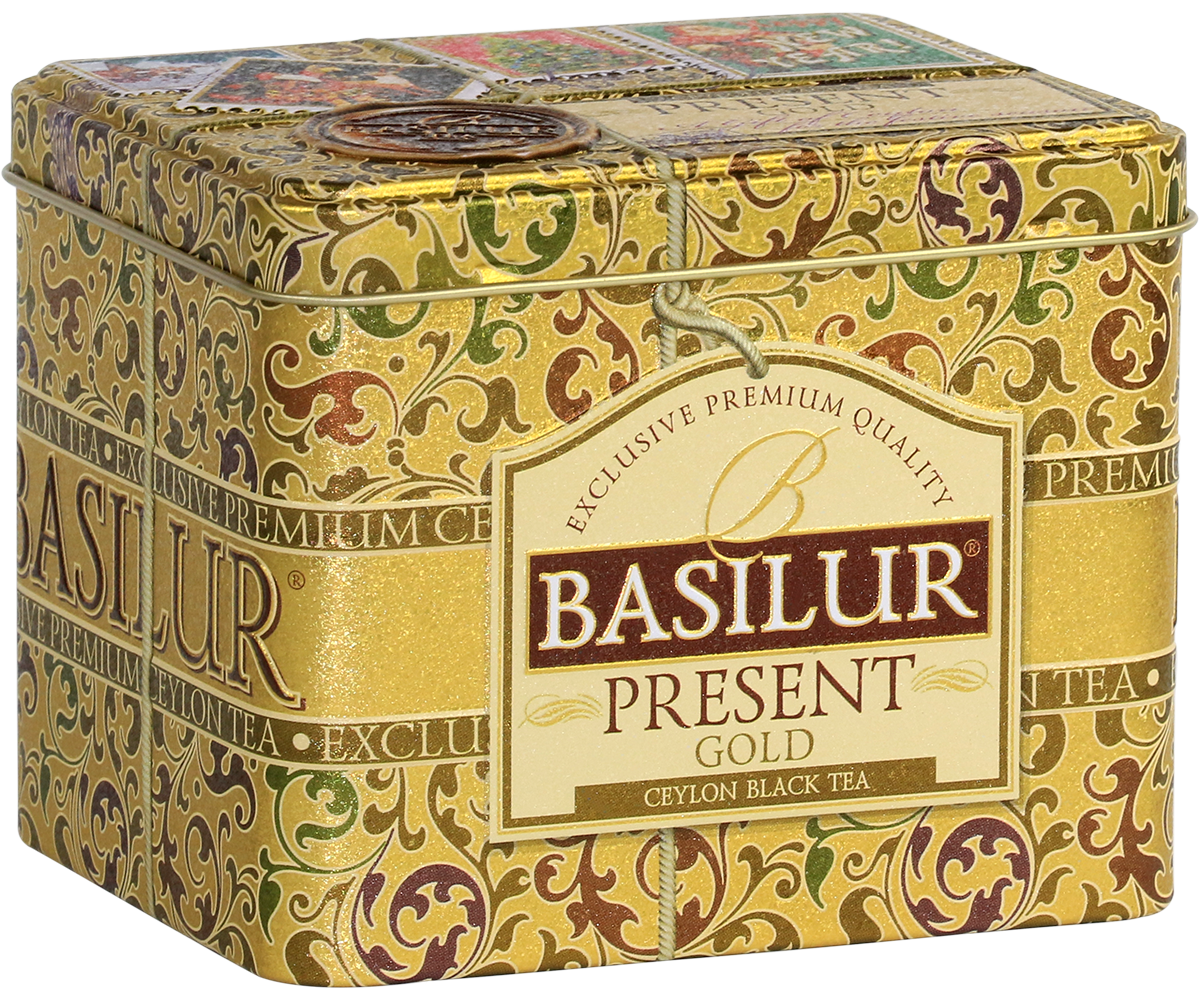 Herbata Basilur Present Gold w złotej puszce widziana z lewej strony