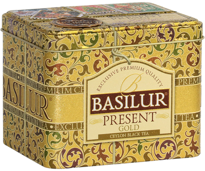 Herbata Basilur Present Gold w złotej puszce widziana z lewej strony