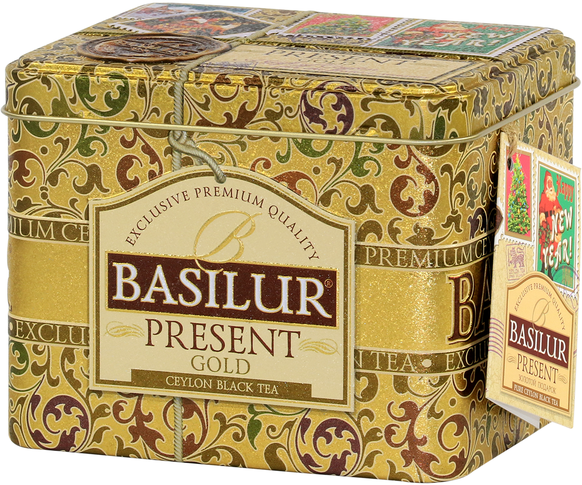 Herbata Basilur Present Gold w bogato zdobionym opakowaniu z prawej perspektywy