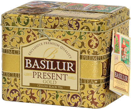 Herbata Basilur Present Gold w bogato zdobionym opakowaniu z prawej perspektywy