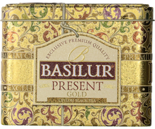 Puszka Basilur Present Gold z ozdobnym wzorem i logo producenta