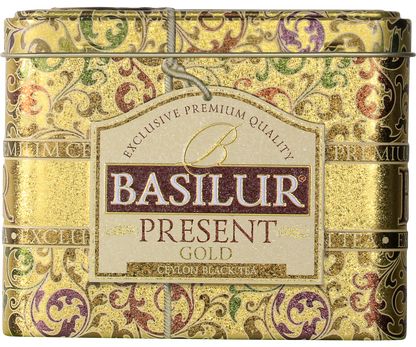 Puszka Basilur Present Gold z ozdobnym wzorem i logo producenta