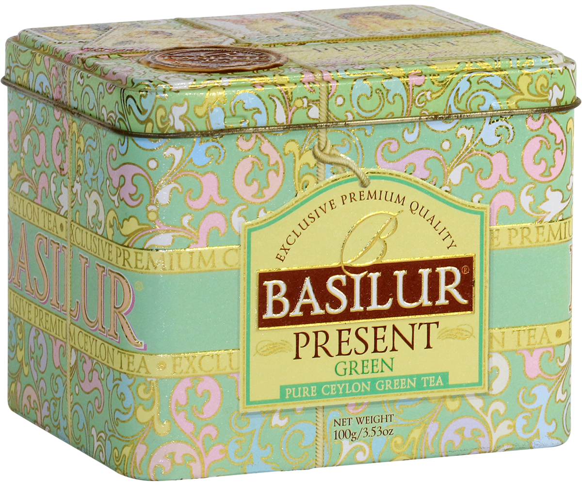 Puszka zielonej herbaty Basilur Present Green z kolekcji Premium.