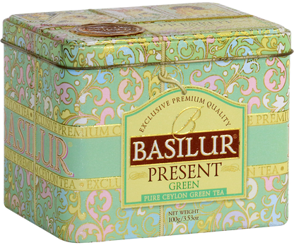 Puszka zielonej herbaty Basilur Present Green z kolekcji Premium.