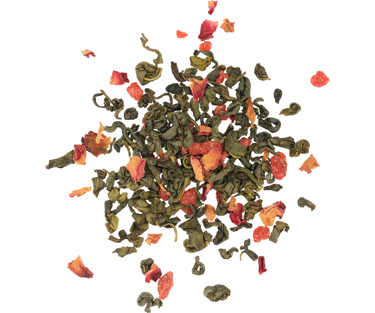 Liście zielonej herbaty Basilur Present Green luzem z dodatkiem owoców i płatków kwiatów.