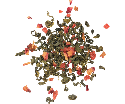 Liście zielonej herbaty Basilur Present Green luzem z dodatkiem owoców i płatków kwiatów.