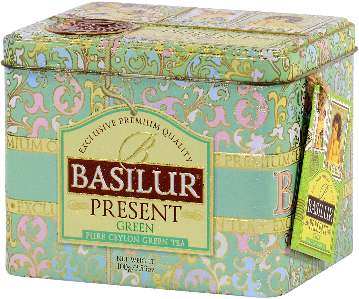 Perspektywiczne ujęcie puszki Basilur Present Green.