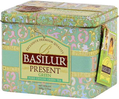 Perspektywiczne ujęcie puszki Basilur Present Green.