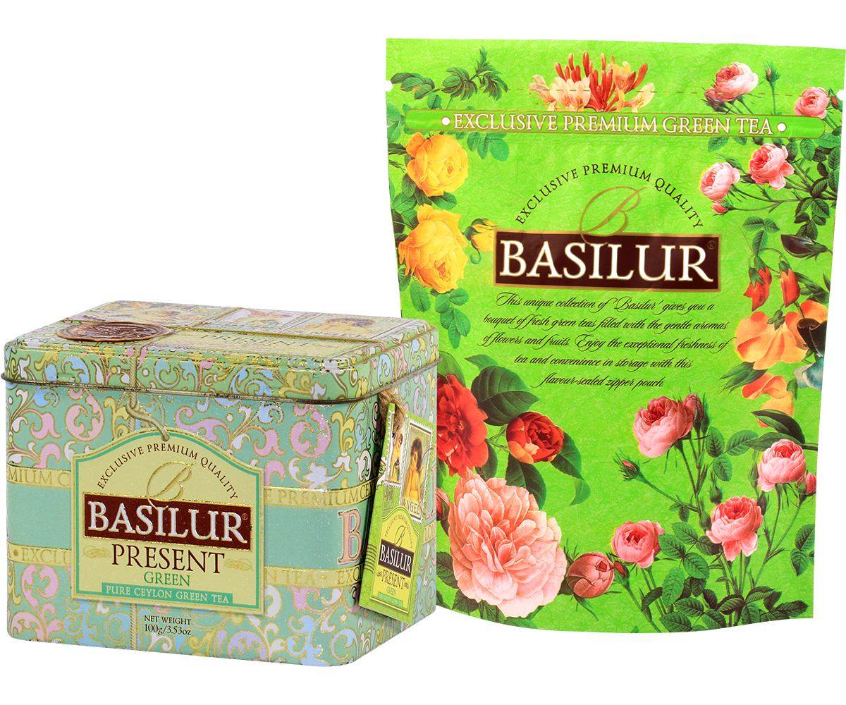 Herbata Basilur Present Green w ozdobnej puszce z torebką foliową.