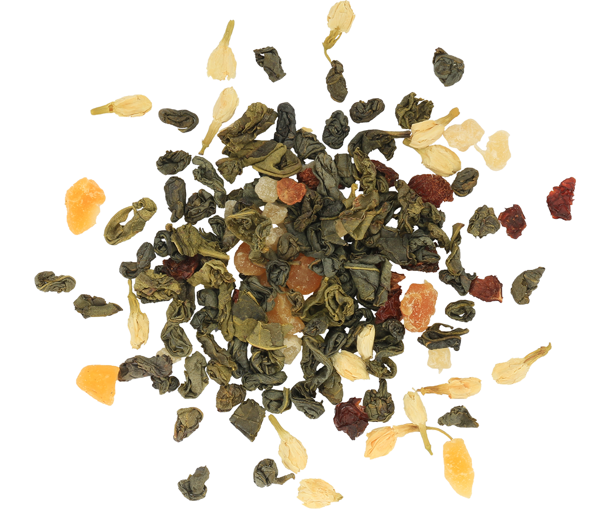 Liście zielonej herbaty Basilur Present Pink z owocami i płatkami kwiatów.