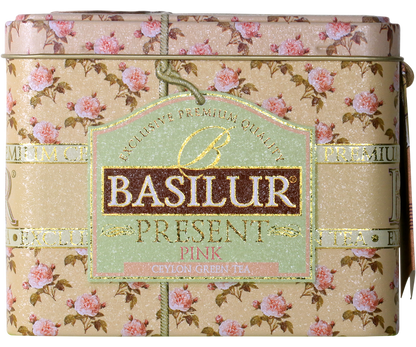 Front opakowania Basilur Present Pink – elegancka puszka z różanym wzorem.