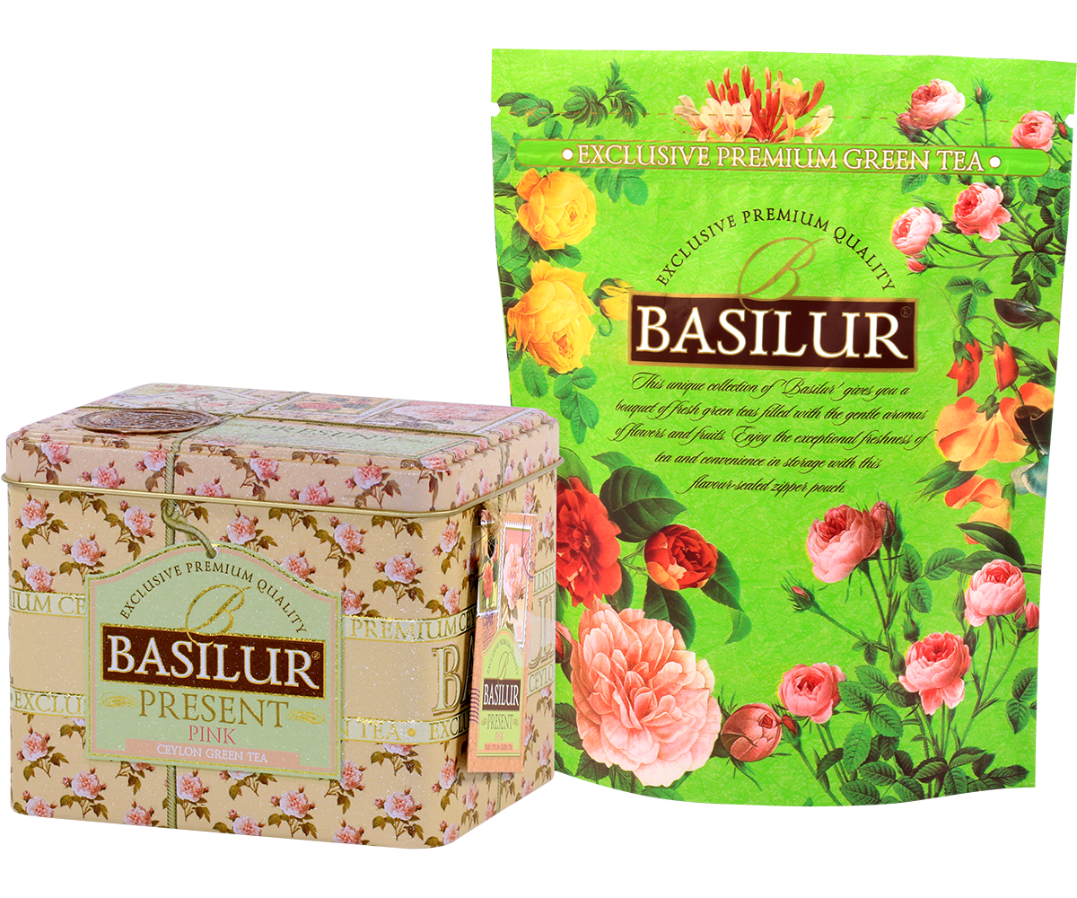 Herbata Basilur Present Pink w ozdobnej puszce z foliowym opakowaniem.