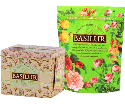 Herbata Basilur Present Pink w ozdobnej puszce z foliowym opakowaniem.