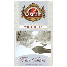 Front pudełka Basilur Winter Tea Four Seasons z grafiką zimowego krajobrazu