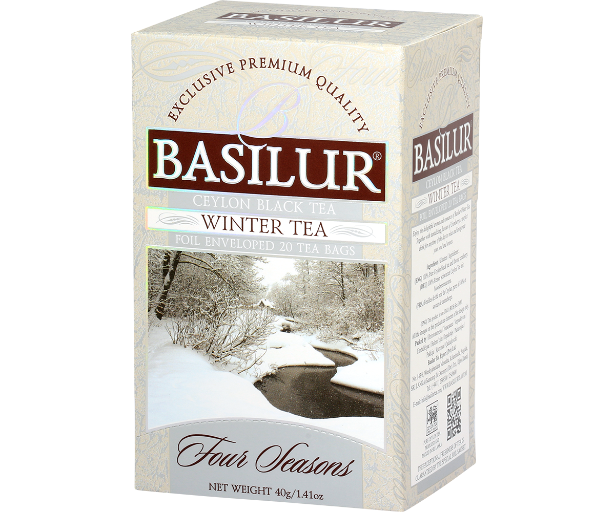 Opakowanie czarnej herbaty Basilur Winter Tea z serii Four Seasons, widok z boku i przodu.