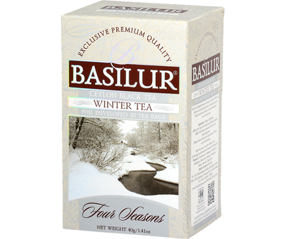 Opakowanie czarnej herbaty Basilur Winter Tea z serii Four Seasons, widok z boku i przodu.