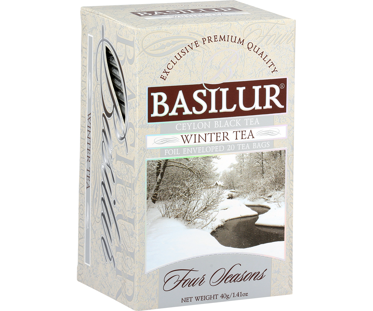 Bok i przód pudełka herbaty Basilur Winter Tea 40 g z nadrukiem śnieżnego pejzażu.