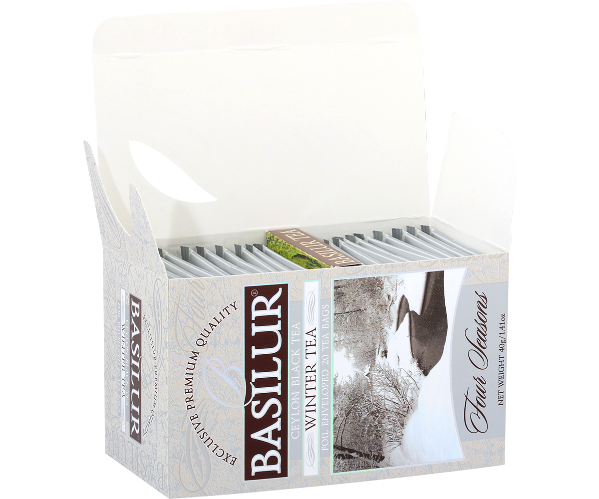 Otwarte opakowanie herbaty Basilur Winter Tea z torebkami foliowanymi.