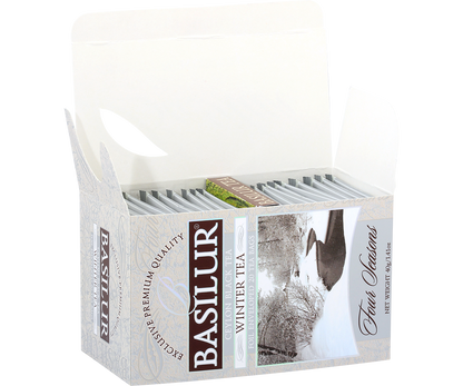 Otwarte opakowanie herbaty Basilur Winter Tea z torebkami foliowanymi.