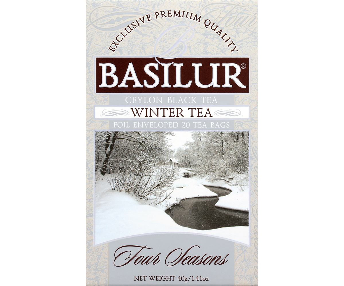 Front opakowania herbaty Basilur Winter Tea Four Seasons z zimowym krajobrazem.