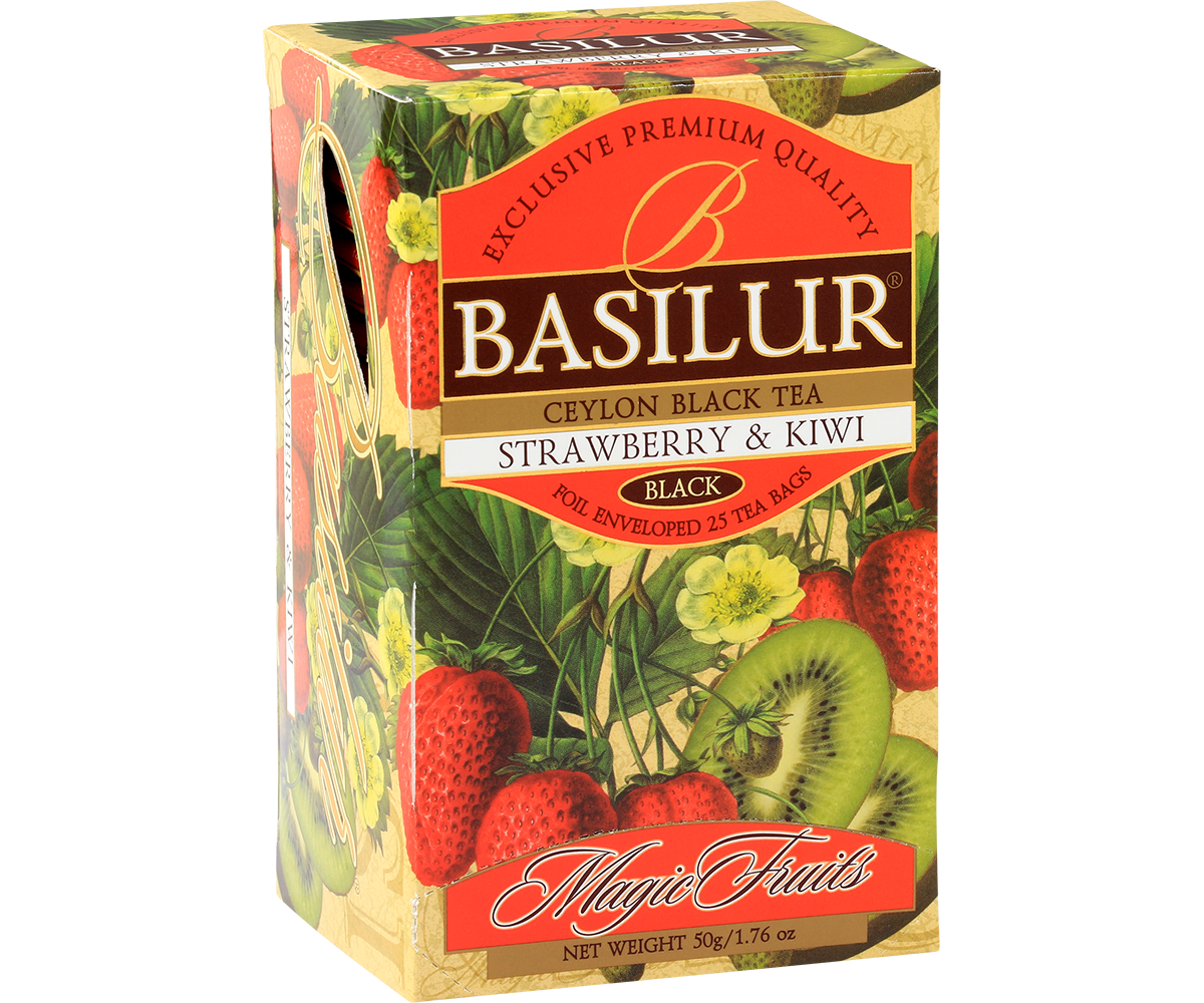 Opakowanie Basilur Strawberry & Kiwi z motywem truskawek i kiwi z kolekcji Magic Fruits.