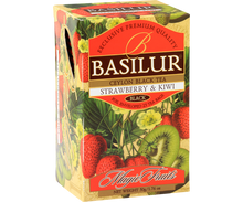 Opakowanie Basilur Strawberry & Kiwi z motywem truskawek i kiwi z kolekcji Magic Fruits.