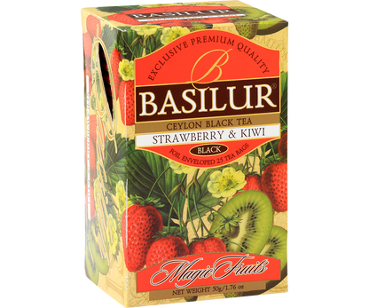 Opakowanie Basilur Strawberry & Kiwi z motywem truskawek i kiwi z kolekcji Magic Fruits.