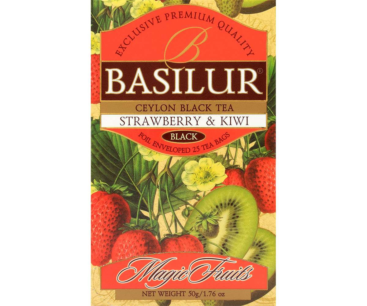 Otwarte pudełko herbaty Basilur Strawberry & Kiwi z rzędem czerwonych kopert.