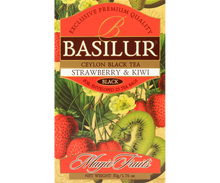 Otwarte pudełko herbaty Basilur Strawberry & Kiwi z rzędem czerwonych kopert.