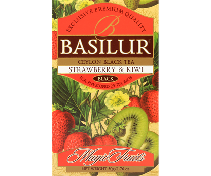Otwarte pudełko herbaty Basilur Strawberry & Kiwi z rzędem czerwonych kopert.