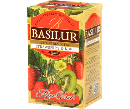 Bok pudełka Basilur Strawberry & Kiwi z ilustracjami owoców.