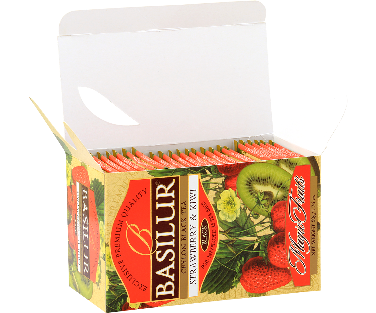 Przód opakowania Basilur Strawberry & Kiwi – czarna herbata z truskawką i kiwi.