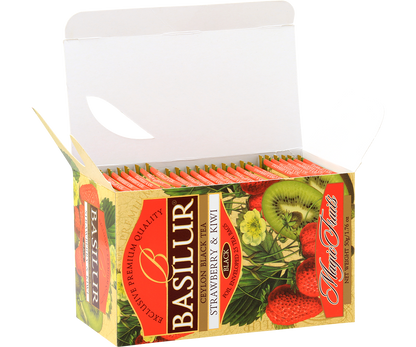 Przód opakowania Basilur Strawberry & Kiwi – czarna herbata z truskawką i kiwi.