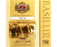Opakowanie herbaty Basilur Uva z wizerunkiem słoni, czarna herbata cejlońska z regionu Uva.