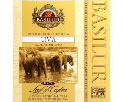 Opakowanie herbaty Basilur Uva z wizerunkiem słoni, czarna herbata cejlońska z regionu Uva.