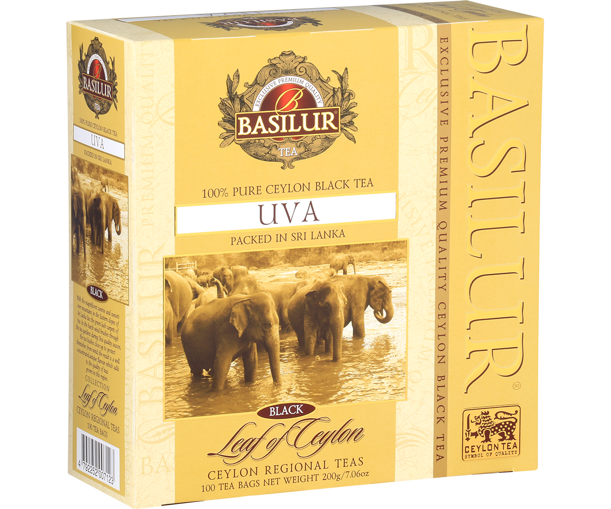Eleganckie pudełko herbaty Basilur Uva, czarna herbata z Cejlonu.