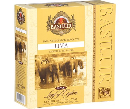 Eleganckie pudełko herbaty Basilur Uva, czarna herbata z Cejlonu.