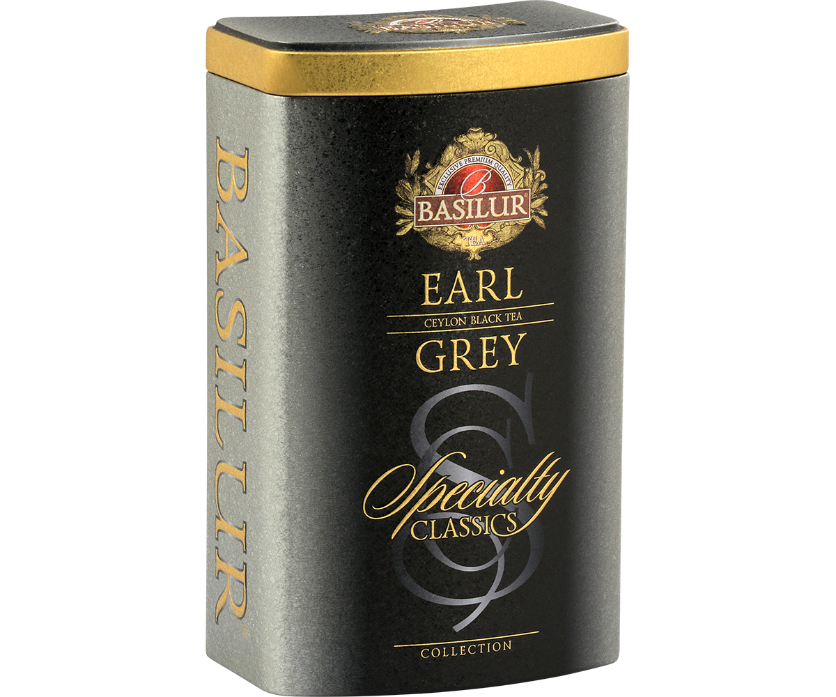 Puszka Basilur Earl Grey z kolekcji Specialty Classics – widok z lewej strony.