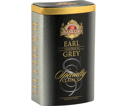 Puszka Basilur Earl Grey z kolekcji Specialty Classics – widok z lewej strony.