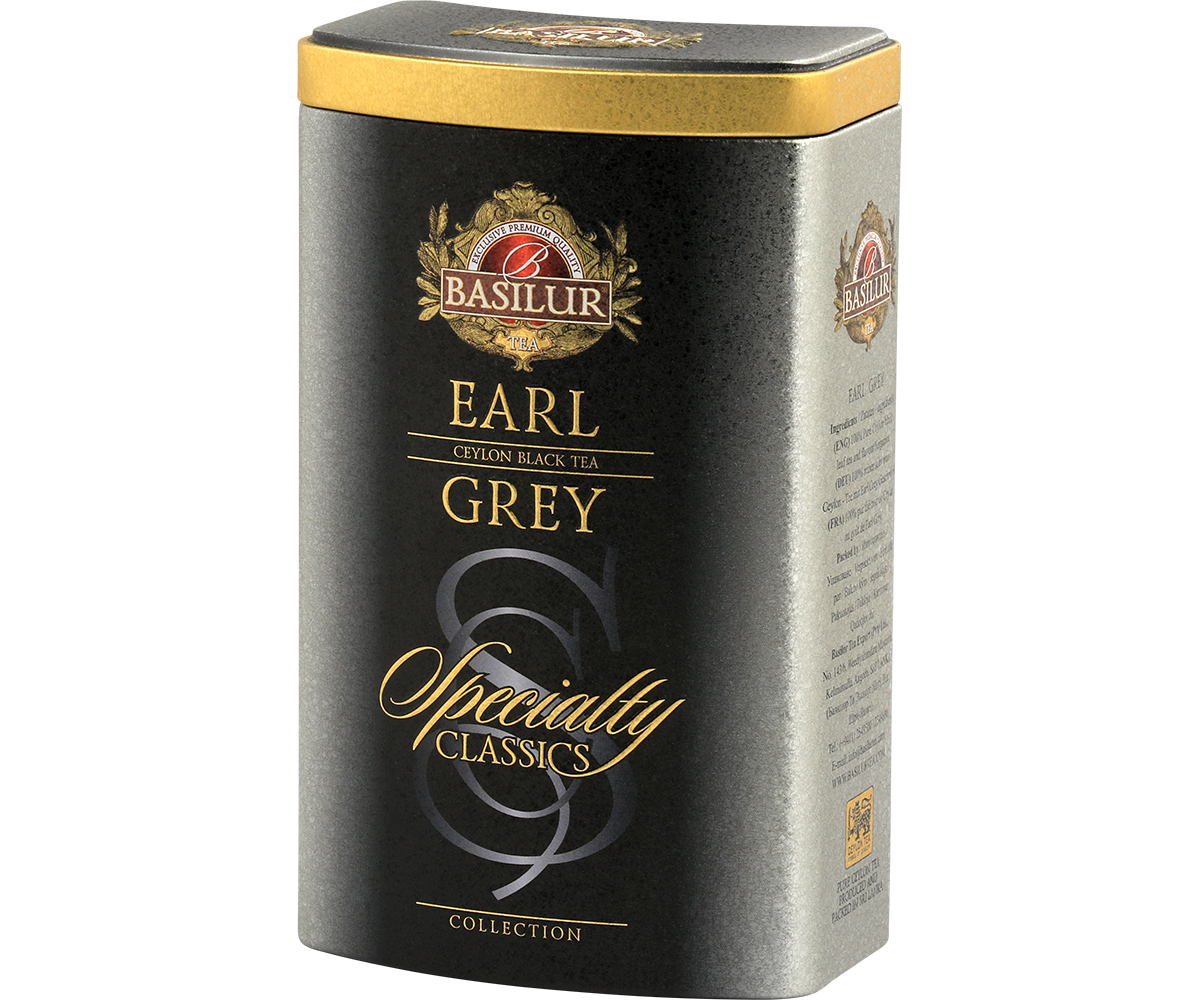 Widok z prawej strony puszki Basilur Earl Grey – czarna herbata cejlońska.