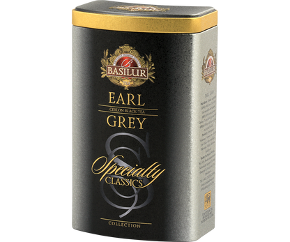 Widok z prawej strony puszki Basilur Earl Grey – czarna herbata cejlońska.