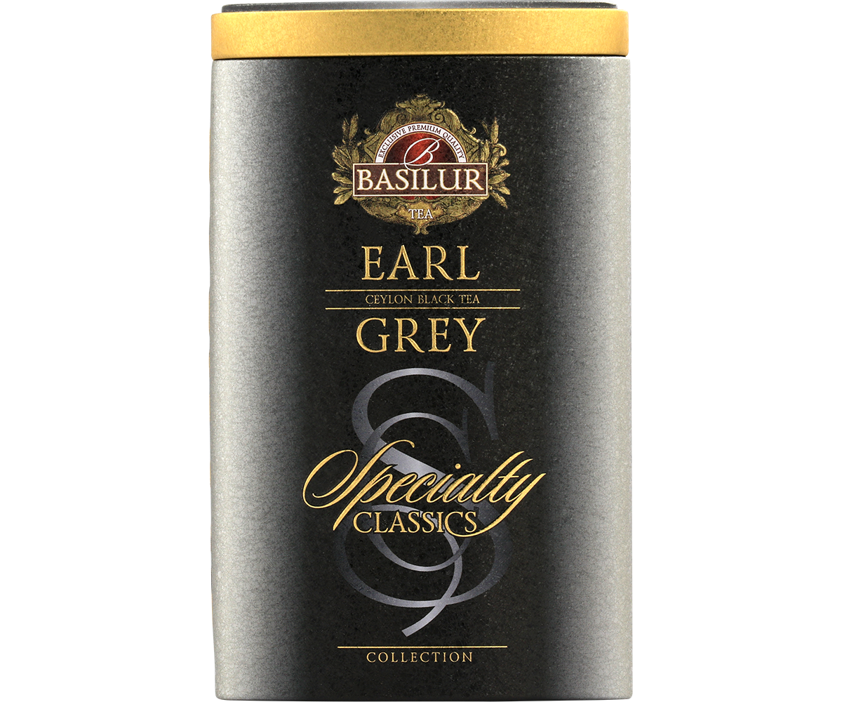Przód puszki Basilur Earl Grey – elegancki grafitowo-złoty design.